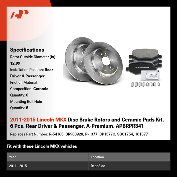 2011-2015 Lincoln MKX Disc Brake Rotors and Ceramic Pads Kit, 6 Pcs, Rear Driver & Passenger, A-Premium, APBRPR341