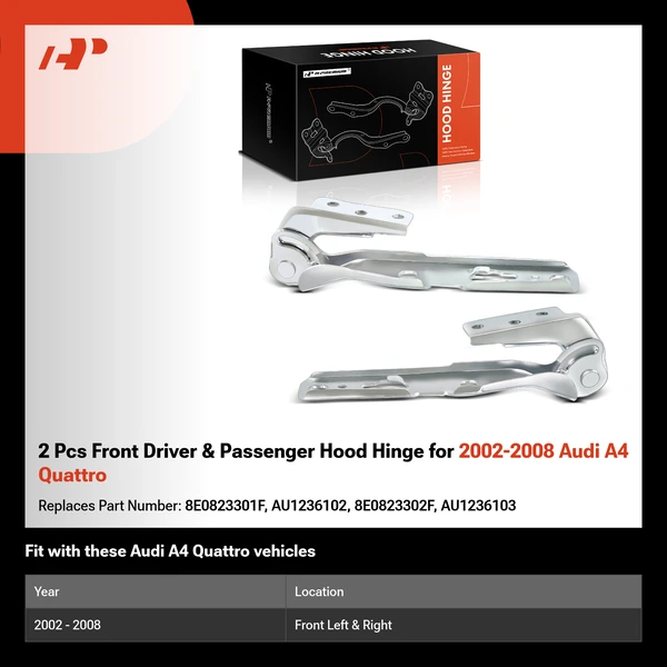 2 Pcs Front Driver & Passenger Hood Hinge for 2002-2008 Audi A4 Quattro