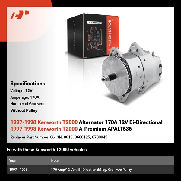1997-1998 Kenworth T2000 Alternator 170A 12V Bi-Directional 1997-1998 Kenworth T2000 A-Premium APALT636