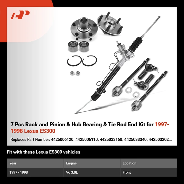 7 Pcs Rack and Pinion & Hub Bearing & Tie Rod End Kit for 1997-1998 Lexus ES300
