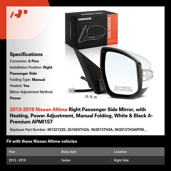 2013-2018 Nissan Altima Right Passenger Side Mirror, with Heating, Power Adjustment, Manual Folding, White & Black A-Premium APMI157