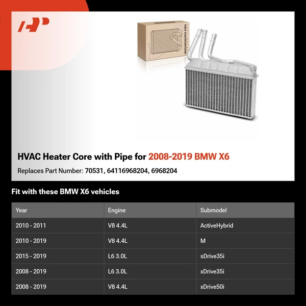 HVAC Heater Core with Pipe for 2008-2019 BMW X6