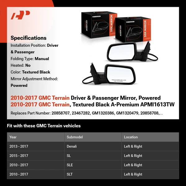 2010-2017 GMC Terrain Driver & Passenger Mirror, Powered 2010-2017 GMC Terrain, Textured Black A-Premium APMI1613TW