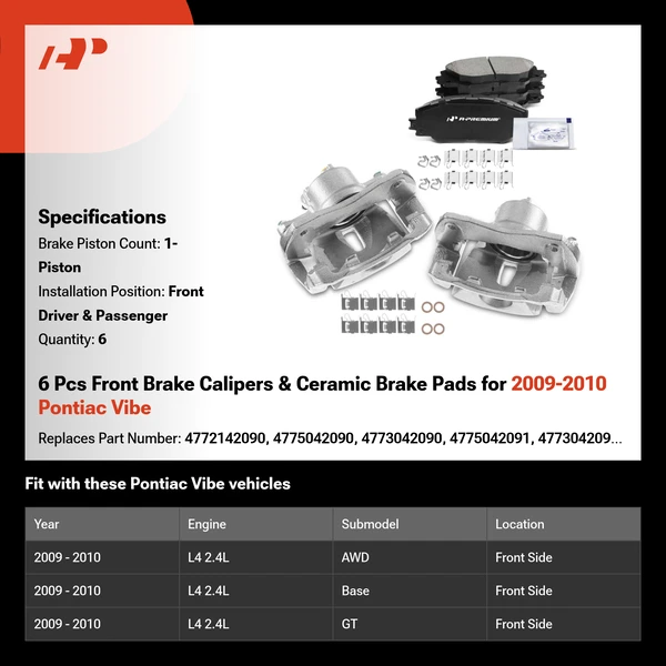 6 Pcs Front Brake Calipers & Ceramic Brake Pads for 2009-2010 Pontiac Vibe