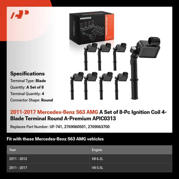 2011-2017 Mercedes-Benz S63 AMG A Set of 8-Pc Ignition Coil 4-Blade Terminal Round A-Premium APIC0313