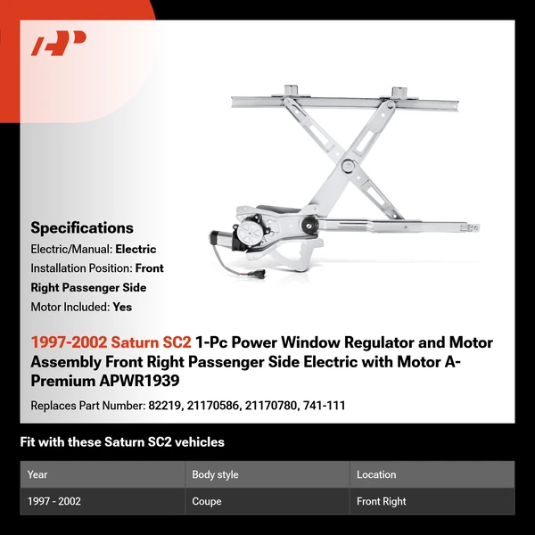 1997-2002 Saturn SC2 1-Pc Power Window Regulator and Motor Assembly Front Right Passenger Side Electric with Motor A-Premium APWR1939
