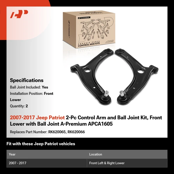 2007-2017 Jeep Patriot 2-Pc Control Arm and Ball Joint Kit, Front Lower with Ball Joint A-Premium APCA1605