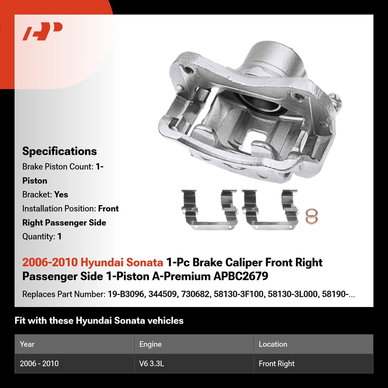 2006-2010 Hyundai Sonata 1-Pc Brake Caliper Front Right Passenger Side 1-Piston A-Premium APBC2679