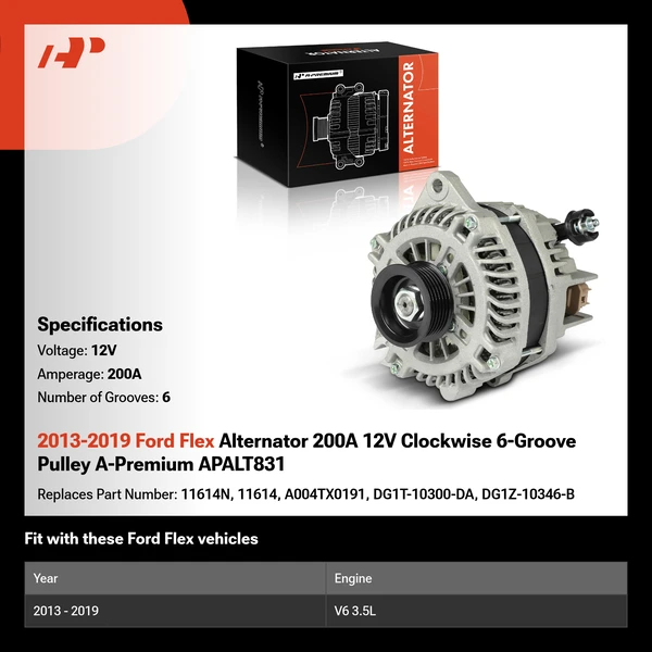 2013-2019 Ford Flex Alternator 200A 12V Clockwise 6-Groove Pulley A-Premium APALT831