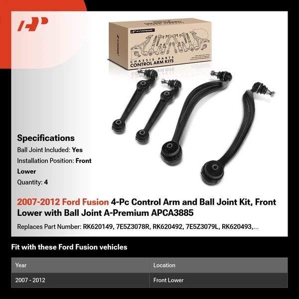 2007-2012 Ford Fusion 4-Pc Control Arm and Ball Joint Kit, Front Lower with Ball Joint A-Premium APCA3885