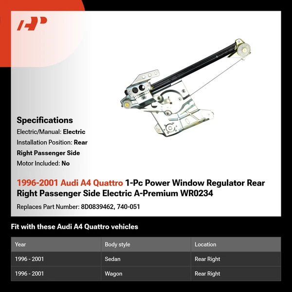 1996-2001 Audi A4 Quattro 1-Pc Power Window Regulator Rear Right Passenger Side Electric A-Premium WR0234