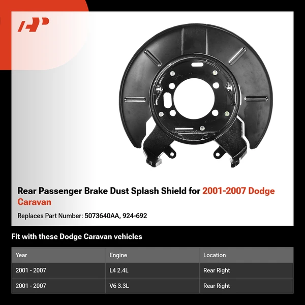 Rear Passenger Brake Dust Splash Shield for 2001-2007 Dodge Caravan