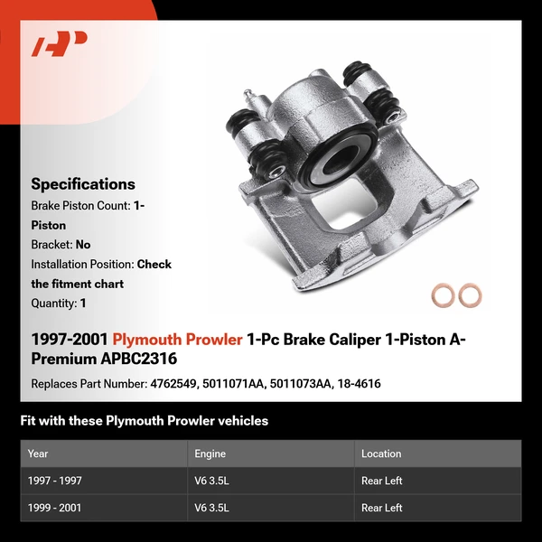 1997-2001 Plymouth Prowler 1-Pc Brake Caliper 1-Piston A-Premium APBC2316