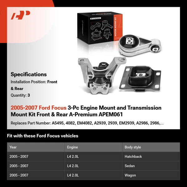 2005-2007 Ford Focus 3-Pc Engine Mount and Transmission Mount Kit Front & Rear A-Premium APEM061