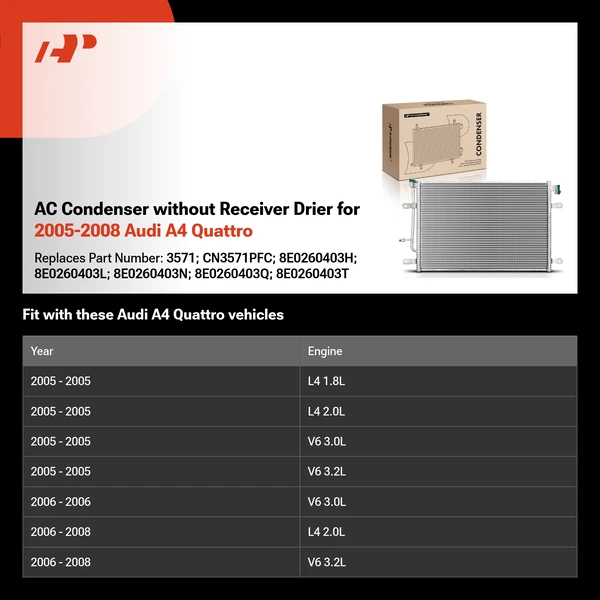 AC Condenser without Receiver Drier for 2005-2008 Audi A4 Quattro