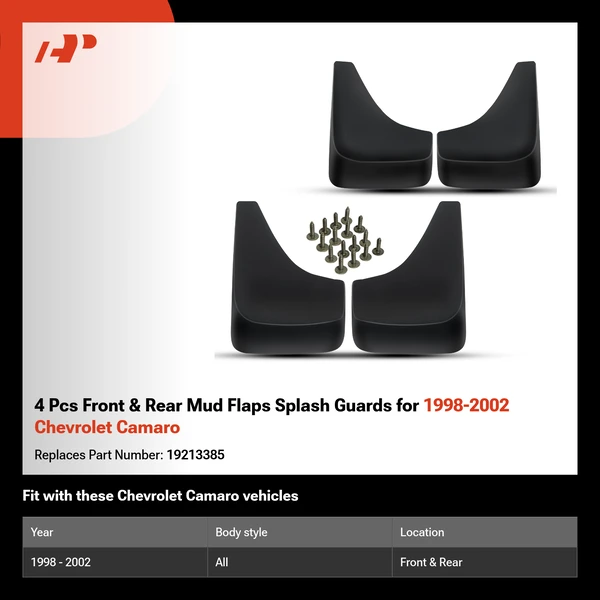 4 Pcs Front & Rear Mud Flaps Splash Guards for 1998-2002 Chevrolet Camaro