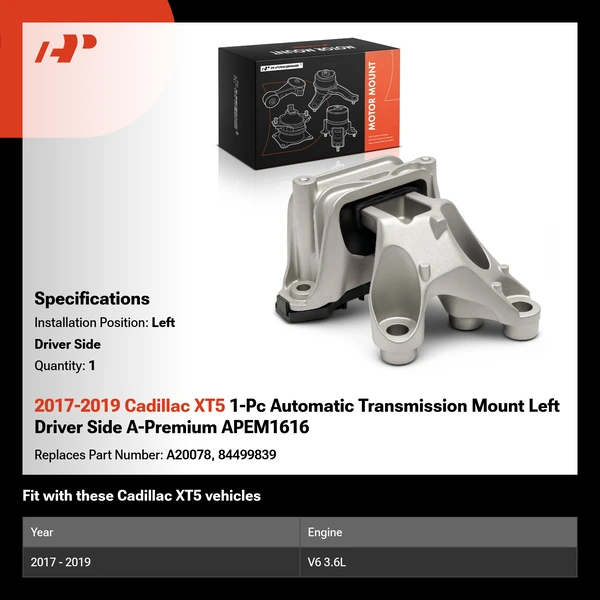 2017-2019 Cadillac XT5 1-Pc Automatic Transmission Mount Left Driver Side A-Premium APEM1616