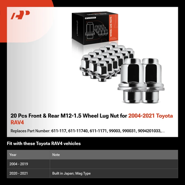 20 Pcs Front & Rear M12-1.5 Wheel Lug Nut for 2004-2021 Toyota RAV4