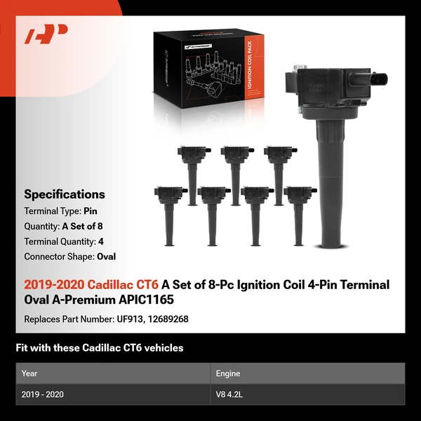 2019-2020 Cadillac CT6 A Set of 8-Pc Ignition Coil 4-Pin Terminal Oval A-Premium APIC1165