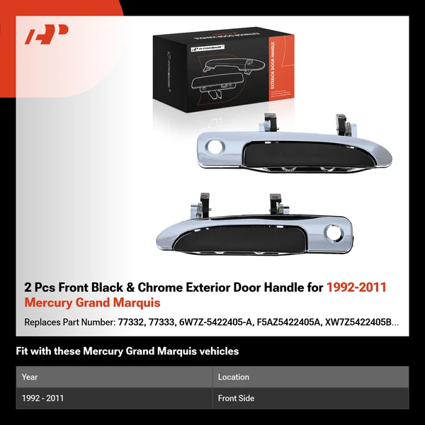 2 Pcs Front Black & Chrome Exterior Door Handle for 1992-2011 Mercury Grand Marquis