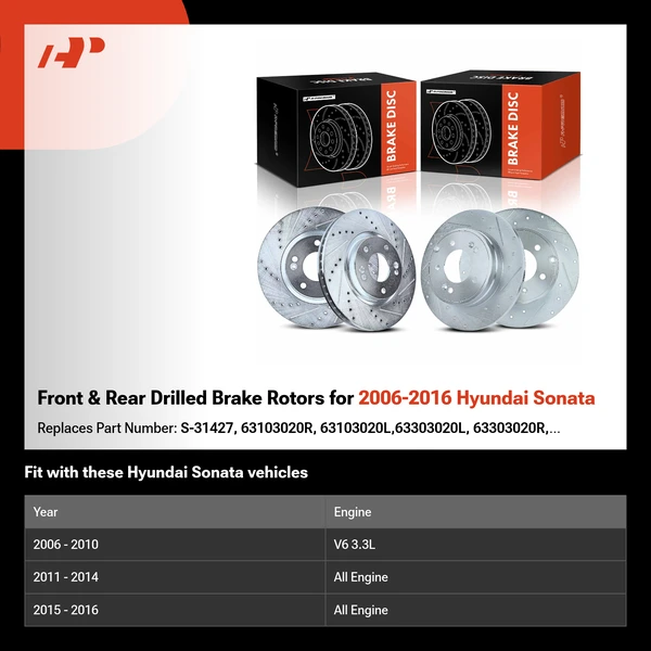 Front & Rear Drilled Brake Rotors for 2006-2016 Hyundai Sonata