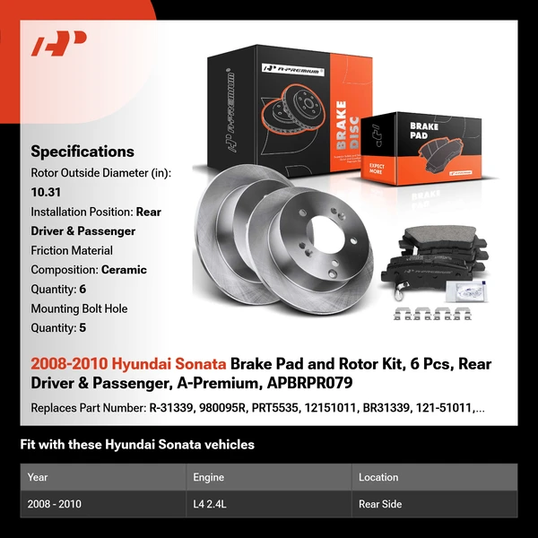 2008-2010 Hyundai Sonata Brake Pad and Rotor Kit, 6 Pcs, Rear Driver & Passenger, A-Premium, APBRPR079
