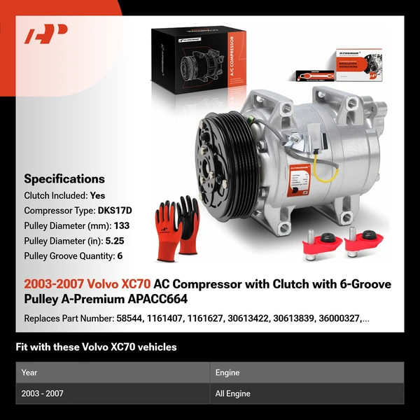 2003-2007 Volvo XC70 AC Compressor with Clutch with 6-Groove Pulley A-Premium APACC664