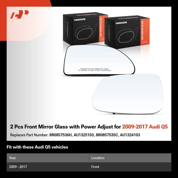 2 Pcs Front Mirror Glass with Power Adjust for 2009-2017 Audi Q5