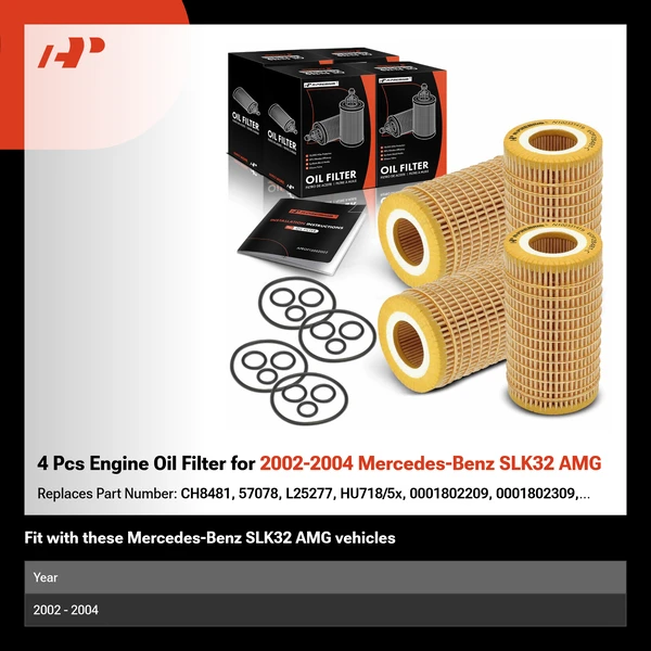 4 Pcs Engine Oil Filter for 2002-2004 Mercedes-Benz SLK32 AMG