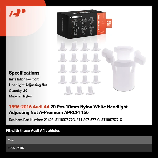 1996-2016 Audi A4 20 Pcs 10mm Nylon White Headlight Adjusting Nut A-Premium APRCF1156