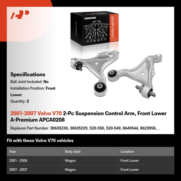 2001-2007 Volvo V70 2-Pc Suspension Control Arm, Front Lower A-Premium APCA0208