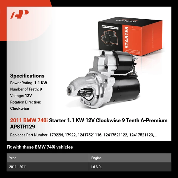 2011 BMW 740i Starter 1.1 KW 12V Clockwise 9 Teeth A-Premium APSTR129
