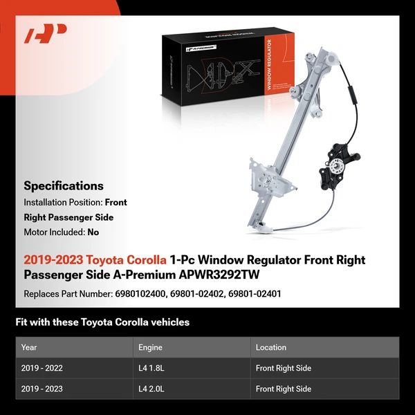 2019-2023 Toyota Corolla 1-Pc Window Regulator Front Right Passenger Side A-Premium APWR3292TW