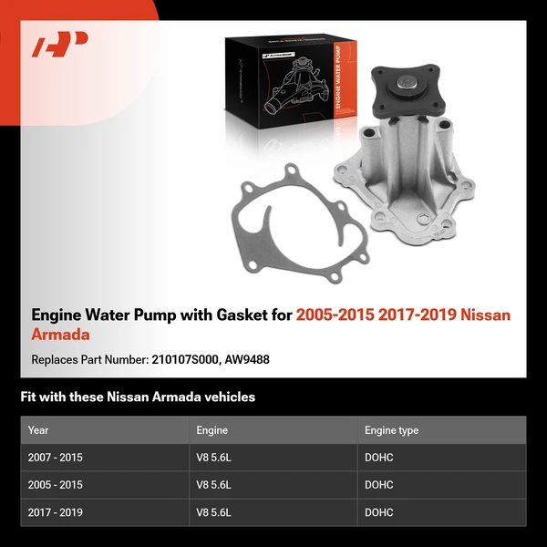 Engine Water Pump with Gasket for 2005-2015 2017-2019 Nissan Armada