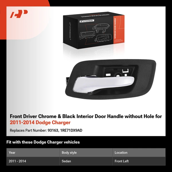 Front Driver Chrome & Black Interior Door Handle without Hole for 2011-2014 Dodge Charger
