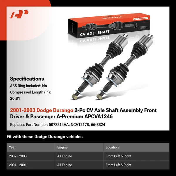 2001-2003 Dodge Durango 2-Pc CV Axle Shaft Assembly Front Driver & Passenger A-Premium APCVA1246