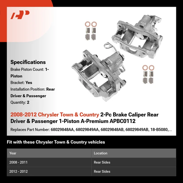 2008-2012 Chrysler Town & Country 2-Pc Brake Caliper Rear Driver & Passenger 1-Piston A-Premium APBC0112