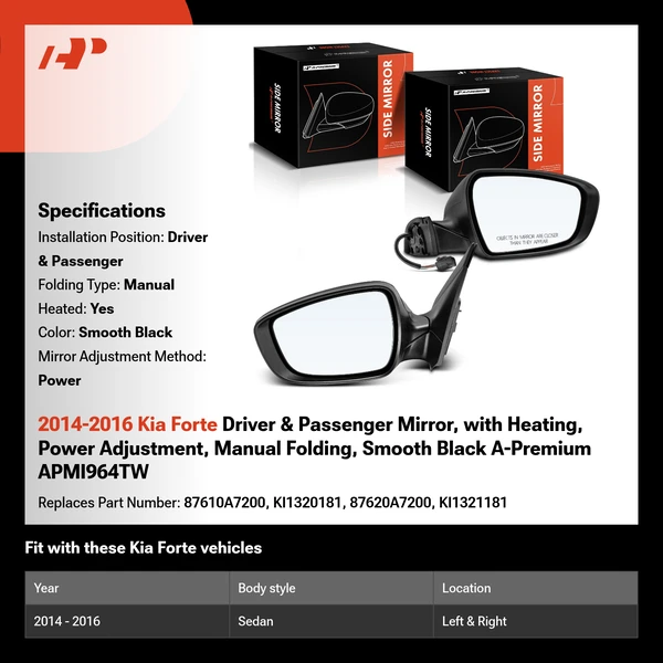 2014-2016 Kia Forte Driver & Passenger Mirror, with Heating, Power Adjustment, Manual Folding, Smooth Black A-Premium APMI964TW