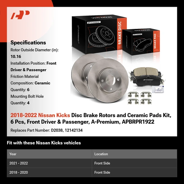 2018-2022 Nissan Kicks Disc Brake Rotors and Ceramic Pads Kit, 6 Pcs, Front Driver & Passenger, A-Premium, APBRPR1922