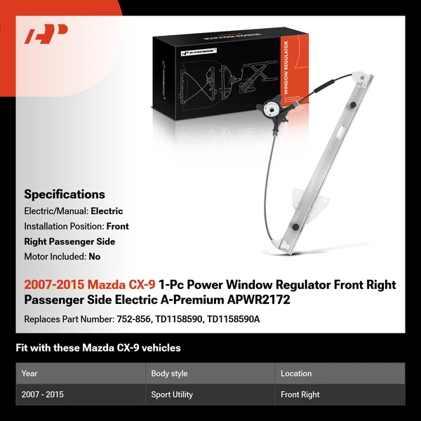 2007-2015 Mazda CX-9 1-Pc Power Window Regulator Front Right Passenger Side Electric A-Premium APWR2172