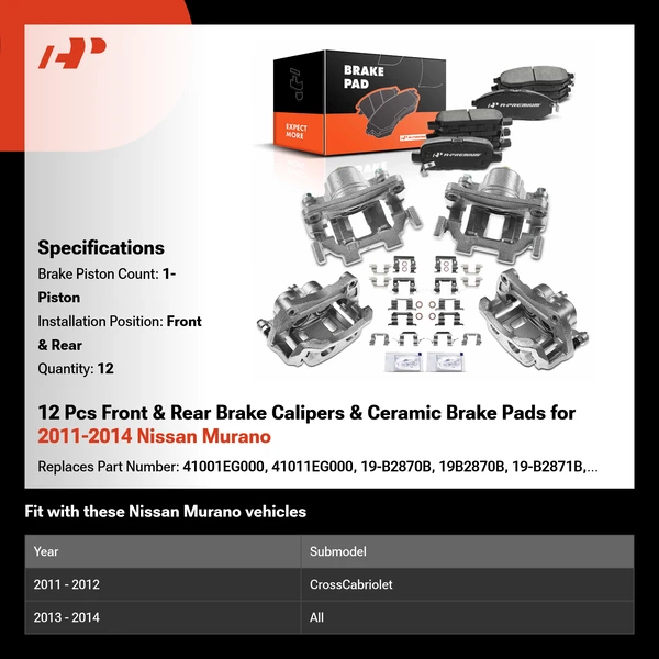 12 Pcs Front & Rear Brake Calipers & Ceramic Brake Pads for 2011-2014 Nissan Murano
