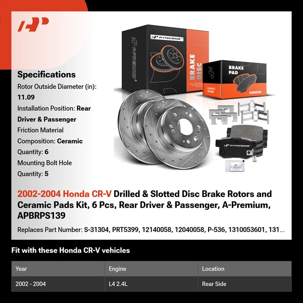2002-2004 Honda CR-V Drilled & Slotted Disc Brake Rotors and Ceramic Pads Kit, 6 Pcs, Rear Driver & Passenger, A-Premium, APBRPS139