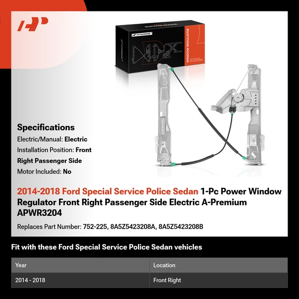 2014-2018 Ford Special Service Police Sedan 1-Pc Power Window Regulator Front Right Passenger Side Electric A-Premium APWR3204