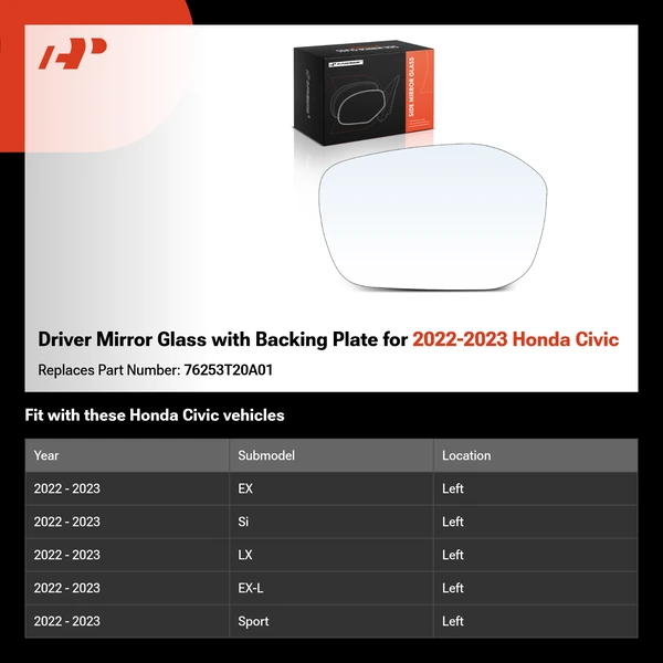 Driver Mirror Glass with Backing Plate for 2022-2023 Honda Civic