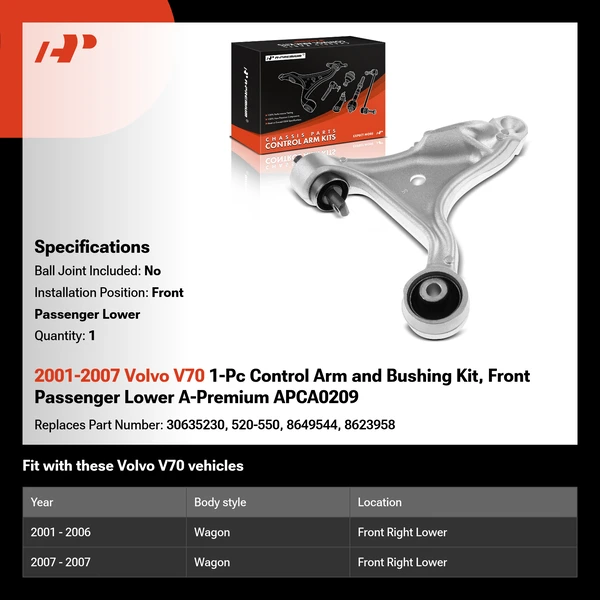 2001-2007 Volvo V70 1-Pc Control Arm and Bushing Kit, Front Passenger Lower A-Premium APCA0209