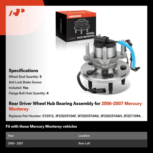 Rear Driver Wheel Hub Bearing Assembly for 2006-2007 Mercury Monterey