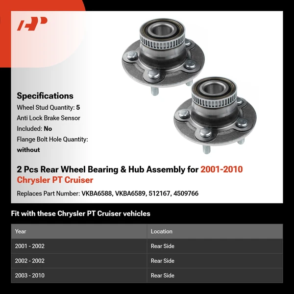 2 Pcs Rear Wheel Bearing & Hub Assembly for 2001-2010 Chrysler PT Cruiser