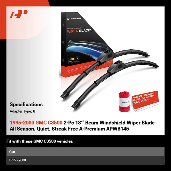 1995-2000 GMC C3500 2-Pc 18″ Beam Windshield Wiper Blade All Season, Quiet, Streak Free A-Premium APWB145
