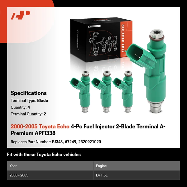 2000-2005 Toyota Echo 4-Pc Fuel Injector 2-Blade Terminal A-Premium APFI338