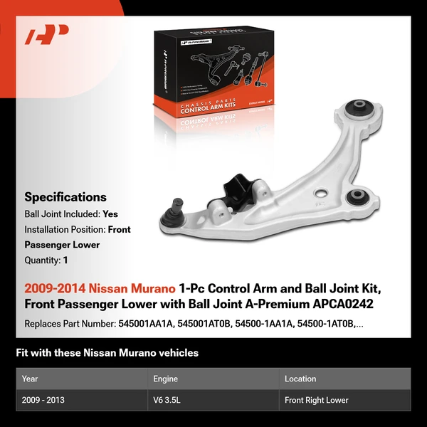 2009-2014 Nissan Murano 1-Pc Control Arm and Ball Joint Kit, Front Passenger Lower with Ball Joint A-Premium APCA0242